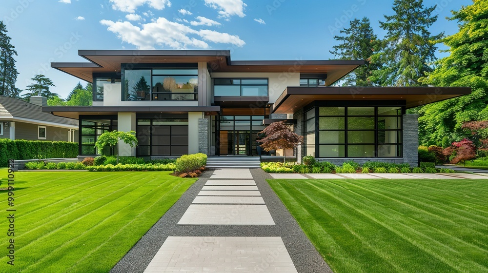 Obraz premium Modern Home with Landscaped Yard and Stone Pathway