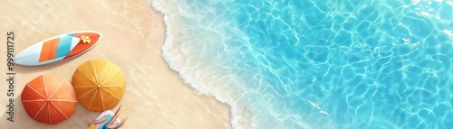 Vacationers relaxing on a tropical beach with umbrellas and surfboards flat design top view beach holiday theme watercolor Splitcomplementary color scheme