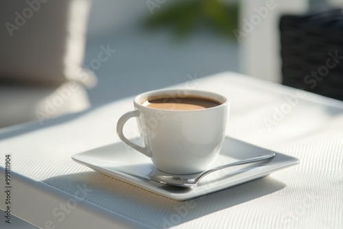 cup of coffee on a table in the morning, on square coffee table