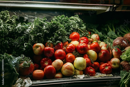 discarded fruits and vegetables, including bruised apples, blemished tomatoes in a grocery photo