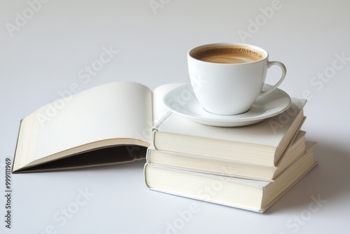 cup of coffee and books on white background