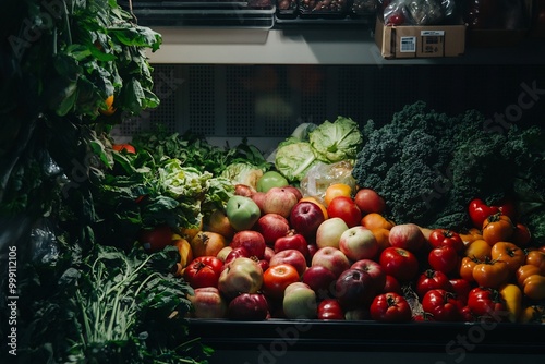 discarded fruits and vegetables, including bruised apples, blemished tomatoes in a grocery photo