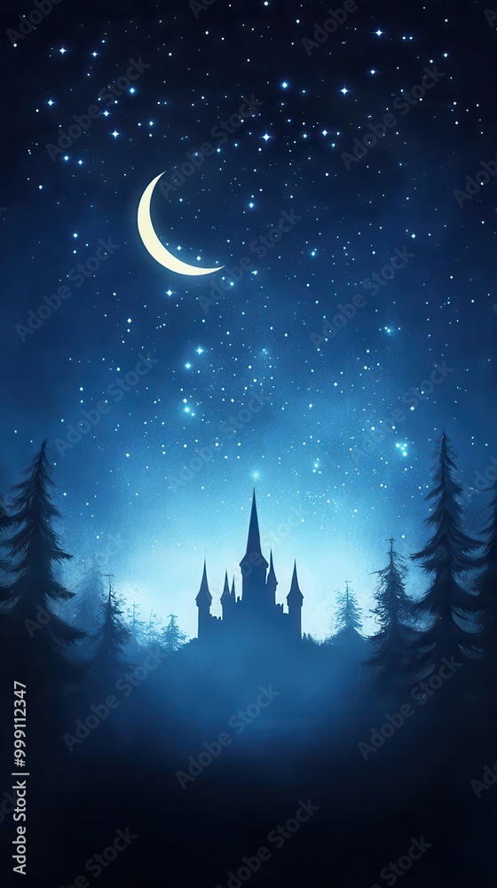 A castle under a starry sky and moon A castle under a starry sky and moon