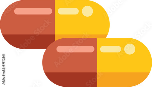 This vector illustration shows two brown and yellow medicine capsules, representing healthcare and pharmacy