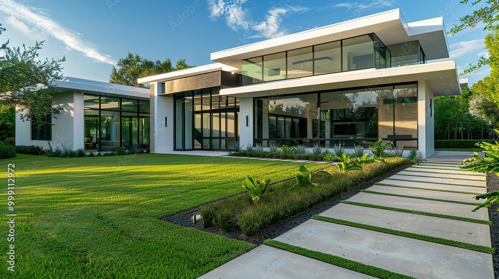 Modern Home with Large Windows and Stone Walkway