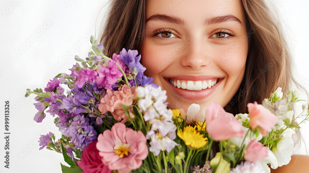 Woman Smiling with Bouquet of Flowers on White Background Woman Smiling with Bouquet of Flowers on White Background
