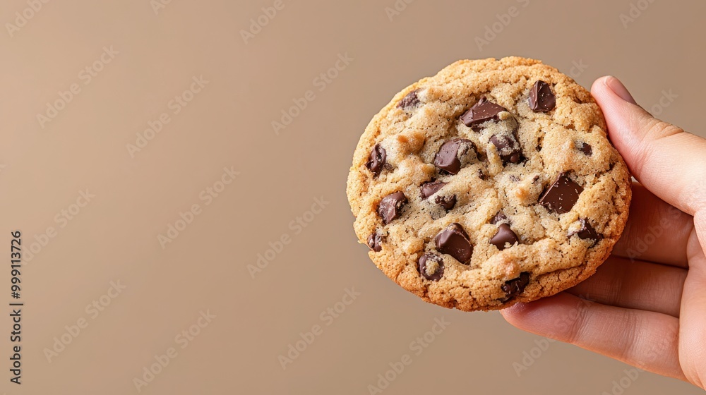 Tempting Close-Up of Hand Holding Delicious Chocolate Chip Cookie with Nuts, Copy Space for Text Tempting Close-Up of Hand Holding Delicious Chocolate Chip Cookie with Nuts, Copy Space for Text