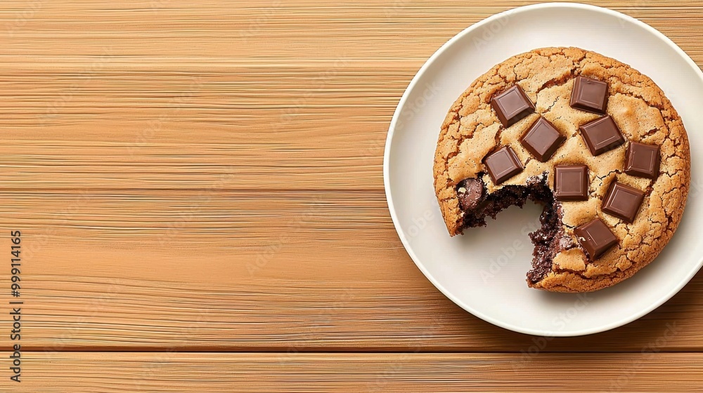 Delicious Chocolate Chip Cookie with Bite Taken Showing Soft Chewy Center on Plate with Copy Space for Text Delicious Chocolate Chip Cookie with Bite Taken Showing Soft Chewy Center on Plate with Copy Space for Text