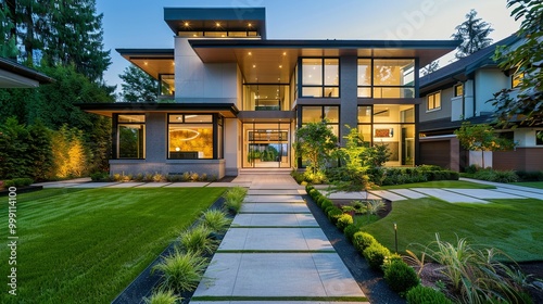 Modern Home with Stone Facade and Lush Landscaping