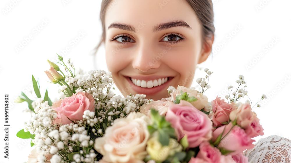 Woman Smiling with Bouquet of Flowers on White Background Woman Smiling with Bouquet of Flowers on White Background
