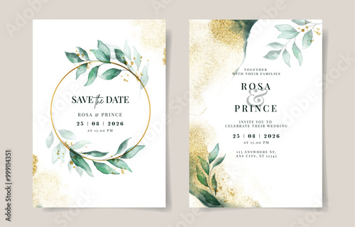Elegant gold with emerald green watercolor wedding invitation card template. Gold background. Leaves watercolor decoration