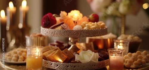 Elegant Dessert Table with Candles and Flowers