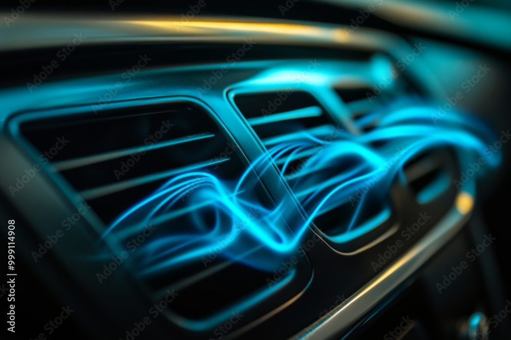 Close-up of car air conditioning vents with blue airflow showcasing air purification and filtration in action