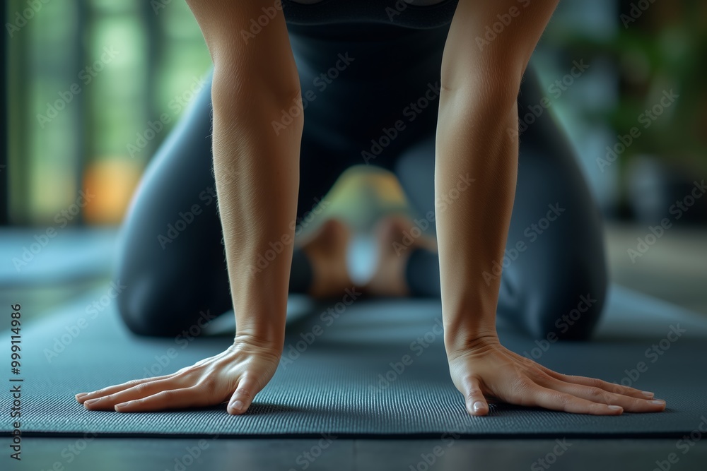 A close-up view of a woman’s hands and arms as she performs a yoga pose on a blue yoga mat in a serene indoor setting. A close-up view of a woman’s hands and arms as she performs a yoga pose on a blue yoga mat in a serene indoor setting.