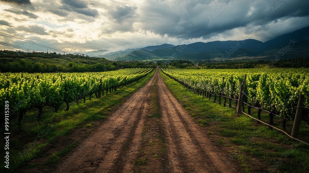 Fototapeta premium A long dirt road winds through a vineyard, leading towards distant mountains under a dramatic sky.