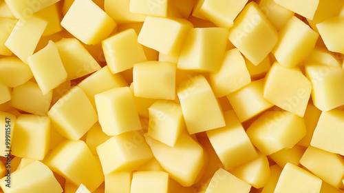 a close-up, top-down view of diced potatoes spread across the entire frame, filling the image with their pale yellow color and uniform cubes