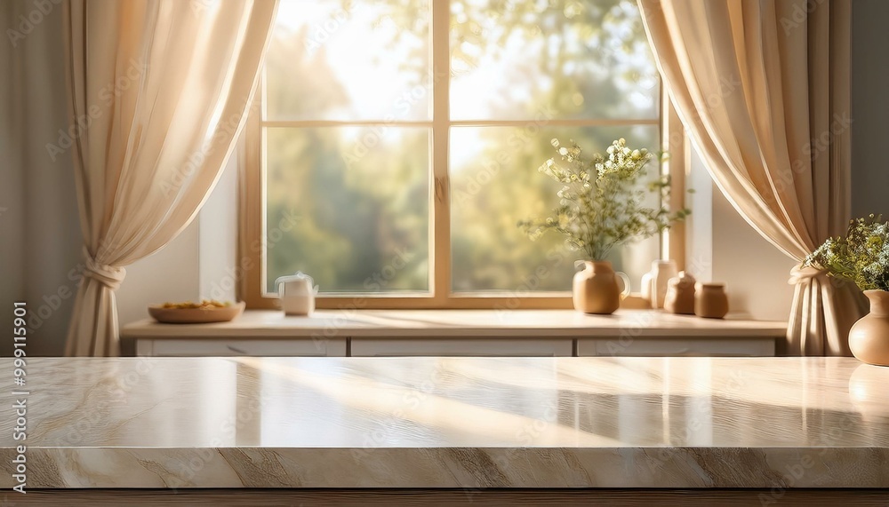 Beige marble table top on window background with curtains in kitchen. Concrete empty countertop for beauty products and food presentation. Stand with sunlight. room with window Beige marble table top on window background with curtains in kitchen. Concrete empty countertop for beauty products and food presentation. Stand with sunlight. room with window