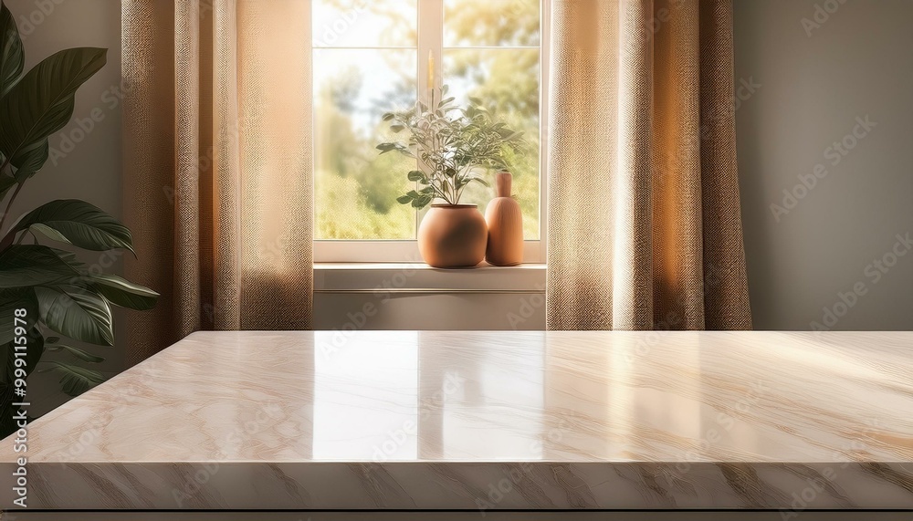 Beige marble table top on window background with curtains in kitchen. Concrete empty countertop for beauty products and food presentation. Stand with sunlight. room with window