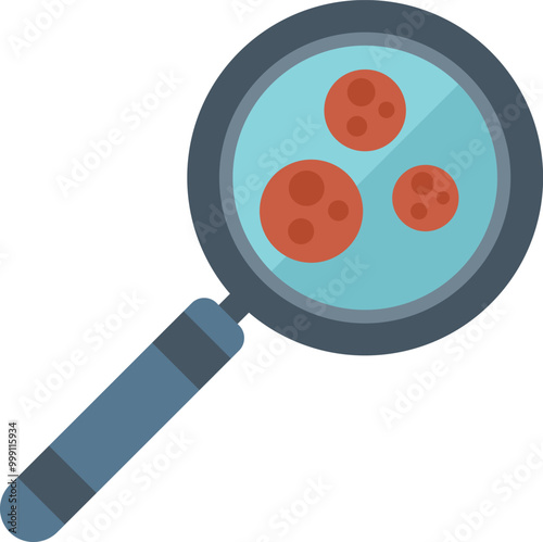 Magnifying glass detecting bacteria icon in flat style isolated on white background