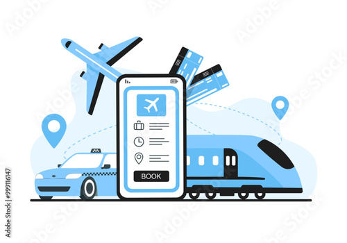 Travel concept. Online booking. Colored vector flat illustration. White background.