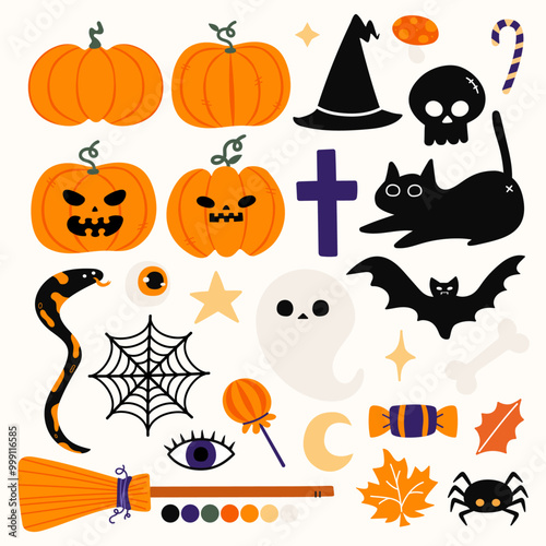 A playful collection of Halloween-themed icons, featuring spooky elements like jack-o'-lanterns, ghosts, bats, and candy in a fun, cartoon style