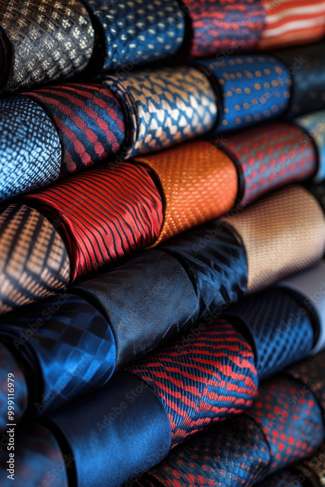 A colorful display of rolled silk ties in various intricate patterns, stacked neatly, showcasing a rich array of textures and designs. A colorful display of rolled silk ties in various intricate patterns, stacked neatly, showcasing a rich array of textures and designs.
