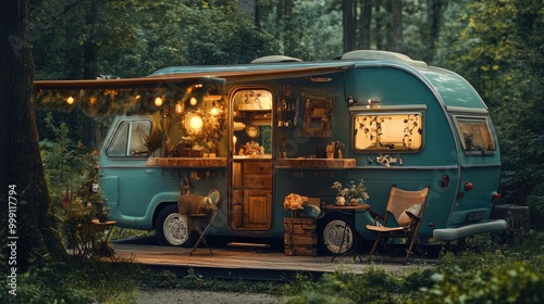 A vintage camper van in the woods. It's perfect for a blog post on the joys of traveling in a camper van.