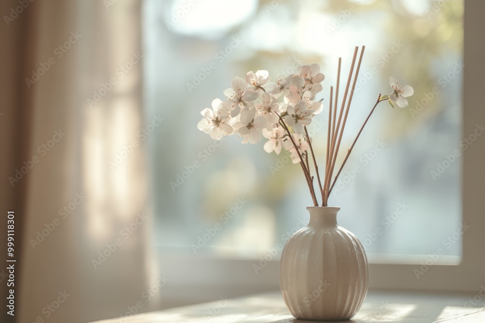 Aesthetic scent diffuser with delicate flowers in a beige vase enhancing a modern home interior atmosphere Aesthetic scent diffuser with delicate flowers in a beige vase enhancing a modern home interior atmosphere