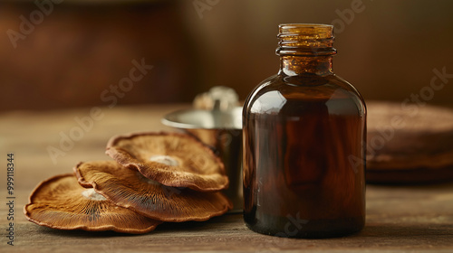 reishi mushroom tincture in a dark glass bottle with a measuring cup against an isolated brown background