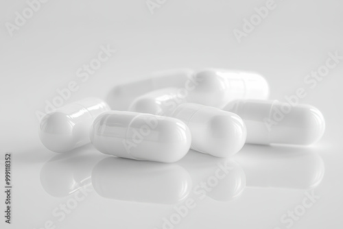 White capsule pills on clean white background for supplement uses and concepts