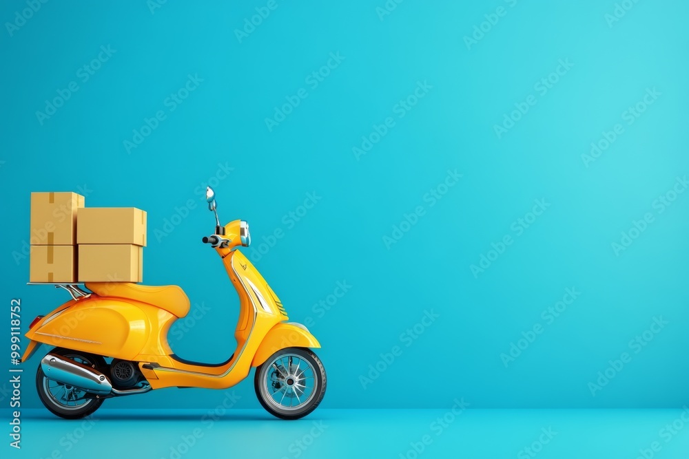 A bright yellow scooter with delivery boxes parked against a vibrant blue backdrop showcasing urban logistics in a modern city environment A bright yellow scooter with delivery boxes parked against a vibrant blue backdrop showcasing urban logistics in a modern city environment