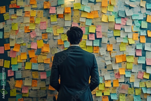 Man looking at wall covered in notes. A businessman is overwhelmed with a lot of notes and ideas on a wall, representing a task list, project management, or brainstorming session.