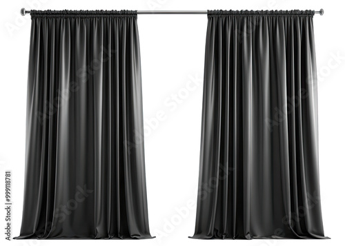 A pair of black, long curtains hang on a silver rod against a white backdrop photo