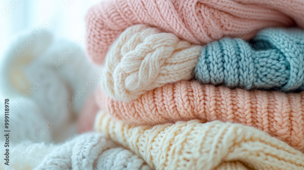 A stack of cozy knit sweaters in various colors. Perfect for designs about winter, fashion, or comfort. A stack of cozy knit sweaters in various colors. Perfect for designs about winter, fashion, or comfort.