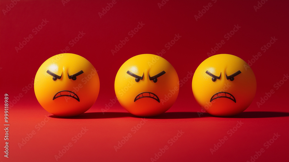 emotional, mood, anger concept: three yellow balls with angry faces arranged in a tense, compact formation against an isolated bright red background emotional, mood, anger concept: three yellow balls with angry faces arranged in a tense, compact formation against an isolated bright red background