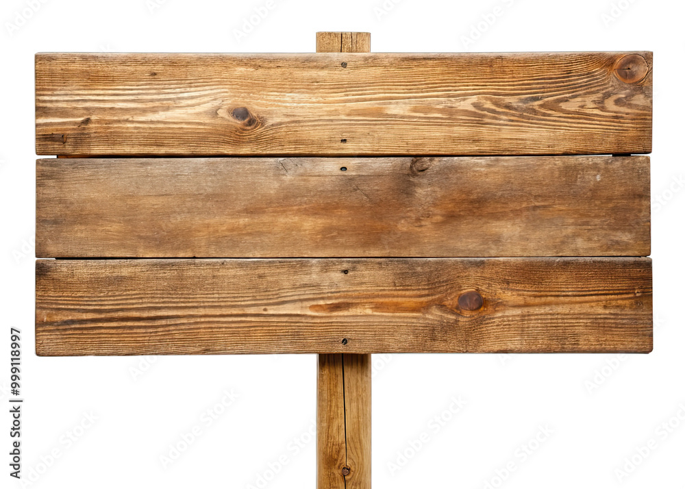 A rustic wooden signboard with three planks stands upright on a white background. The signboard has a weathered appearance, with visible grain patterns and knots A rustic wooden signboard with three planks stands upright on a white background. The signboard has a weathered appearance, with visible grain patterns and knots