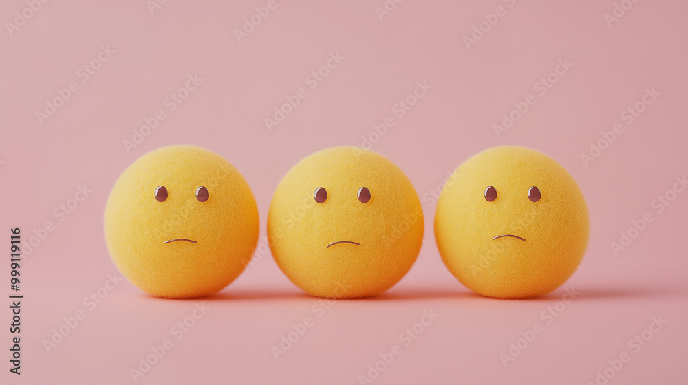 emotional, mood, apathy concept: three yellow balls with uninterested, blank faces arranged in a disjointed, slightly uneven pattern against an isolated soft pink background emotional, mood, apathy concept: three yellow balls with uninterested, blank faces arranged in a disjointed, slightly uneven pattern against an isolated soft pink background
