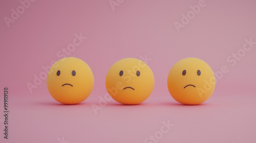 emotional, mood, apathy concept: three yellow balls with uninterested, blank faces arranged in a disjointed, slightly uneven pattern against an isolated soft pink background