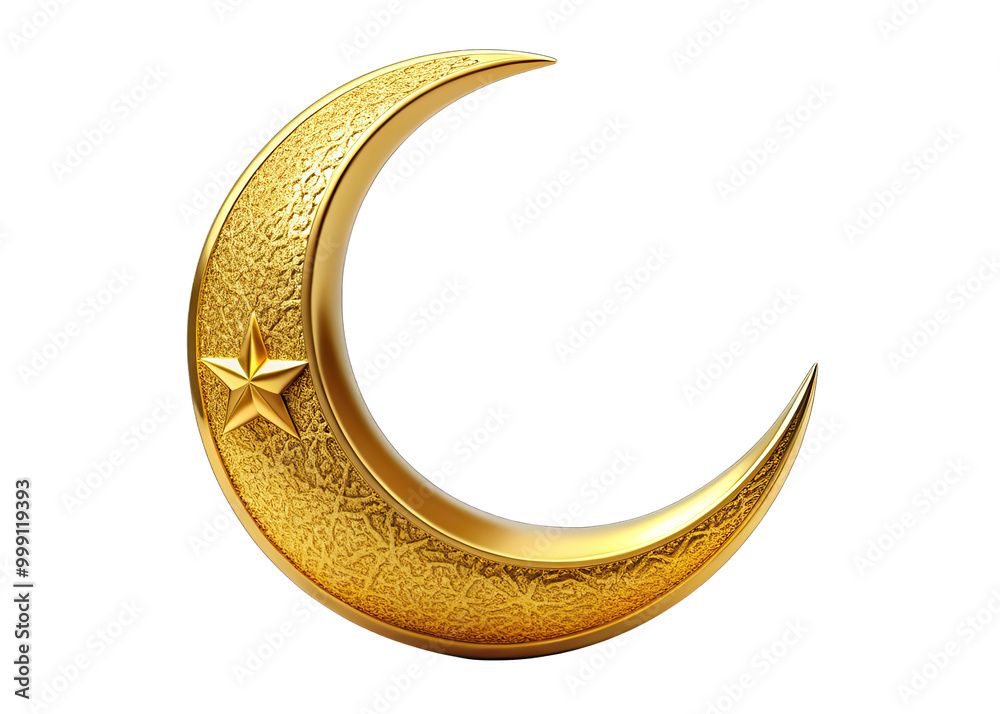 A golden crescent moon with a star sits on a white background A golden crescent moon with a star sits on a white background