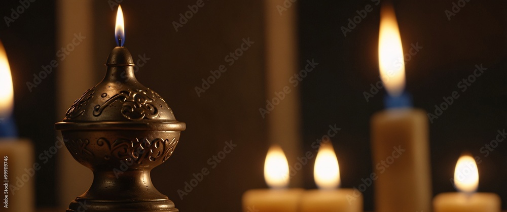 Fototapeta premium Illuminated Serenity: Ornate Incense Burner and Candles