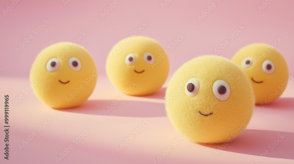 emotional, mood, daydreaming concept: three yellow balls with dreamy, unfocused eyes and soft smiles arranged in a loose, floating pattern against an isolated soft pink background emotional, mood, daydreaming concept: three yellow balls with dreamy, unfocused eyes and soft smiles arranged in a loose, floating pattern against an isolated soft pink background