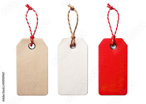 Three blank gift tags with twine or string hanging from them on a white background