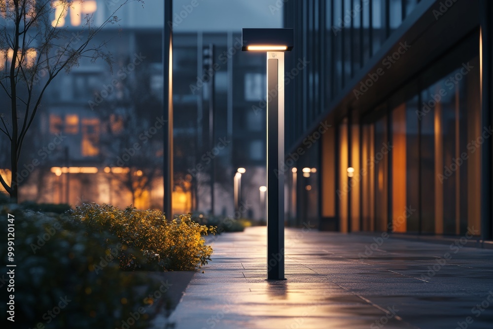 Modern LED street lighting pole illuminating a contemporary urban walkway at dusk with surrounding greenery Modern LED street lighting pole illuminating a contemporary urban walkway at dusk with surrounding greenery