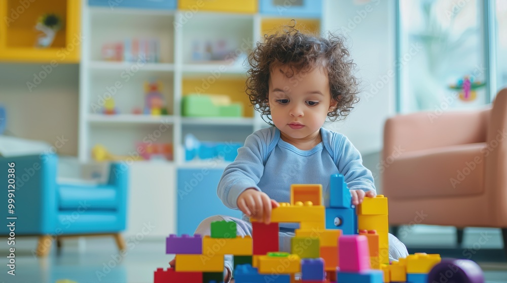 A toddler engaged in creative play with colorful educational toys in a bright and cheerful room filled with shelves and furniture A toddler engaged in creative play with colorful educational toys in a bright and cheerful room filled with shelves and furniture