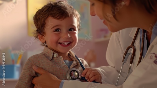 Pediatrician smiles while gently examining a young child with a stethoscope in a cheerful clinic setting