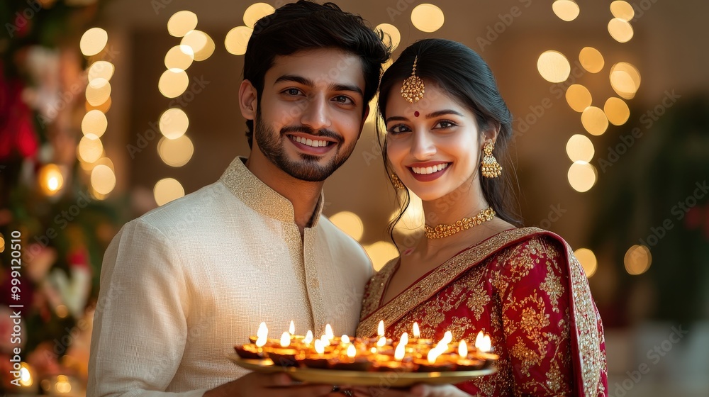 Smiling traditional Indian couple holding lit candles to celebrate Diwali festival Smiling traditional Indian couple holding lit candles to celebrate Diwali festival