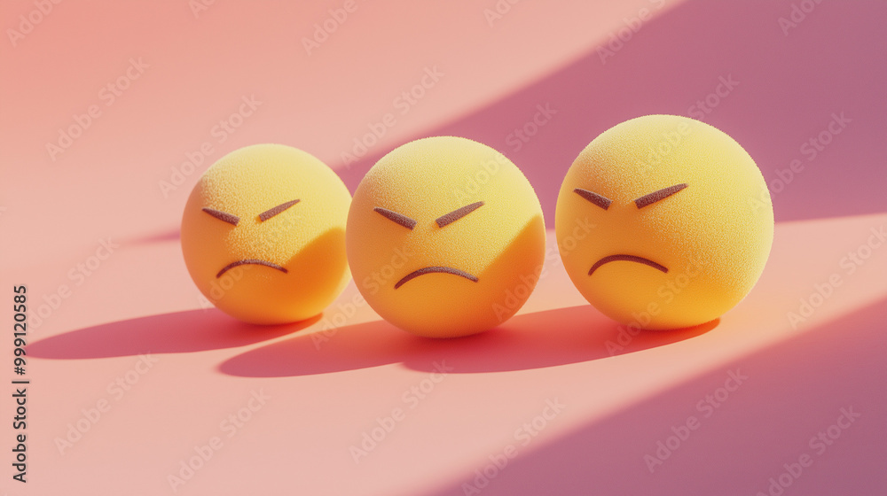 custom made wallpaper toronto digitalemotional, mood, grumpy concept: three yellow balls with frowning, irritated faces arranged in a tight, slightly overlapping pattern against an isolated soft pink background
