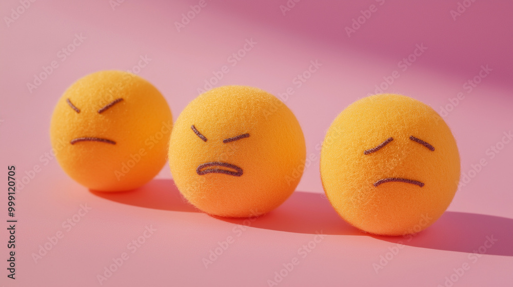 emotional, mood, grumpy concept: three yellow balls with frowning, irritated faces arranged in a tight, slightly overlapping pattern against an isolated soft pink background emotional, mood, grumpy concept: three yellow balls with frowning, irritated faces arranged in a tight, slightly overlapping pattern against an isolated soft pink background
