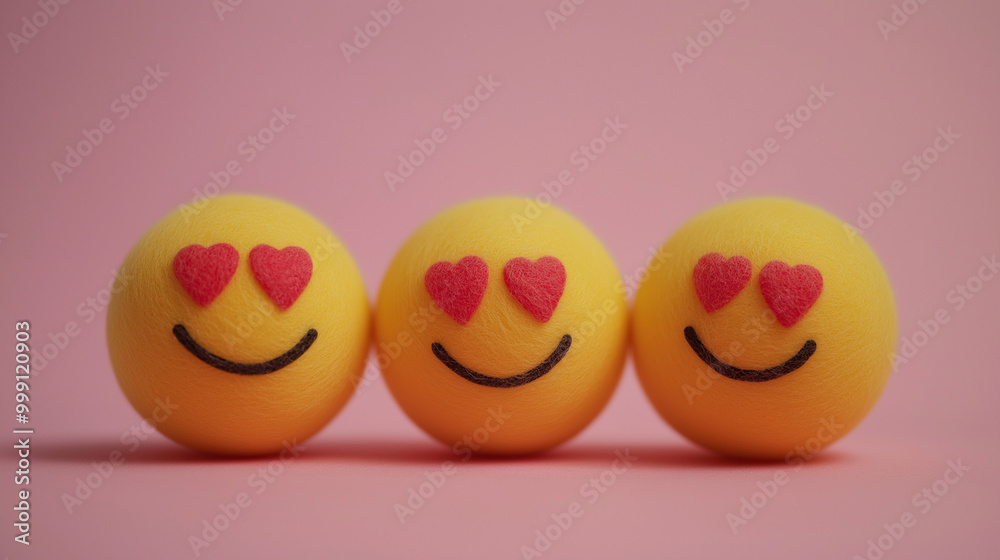 emotional, mood, in love concept: three yellow balls with hearts in their eyes, smiling faces arranged in a soft, close-knit pattern against an isolated soft pink background emotional, mood, in love concept: three yellow balls with hearts in their eyes, smiling faces arranged in a soft, close-knit pattern against an isolated soft pink background