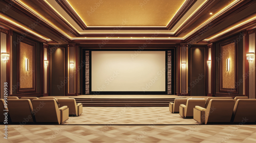 Fototapeta premium Luxurious empty movie theater with plush seating, ornate wooden paneling, and a large screen, illuminated by warm ambient lighting.